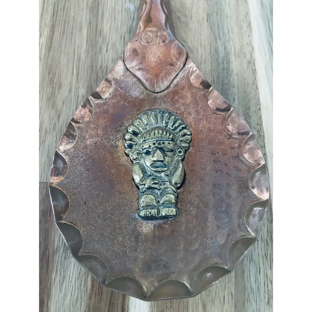 Large 13” Aztec Mayan Copper Plate Spoon Antique Vintage Big